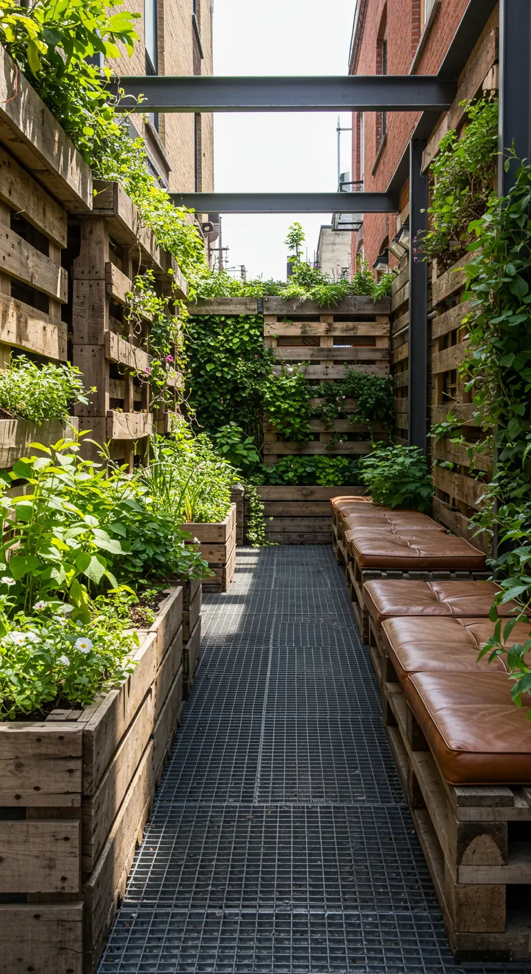 Smalle groene doorgang met verticale pallet plantenwanden, houten plantenbakken en palletbanken met kussens.