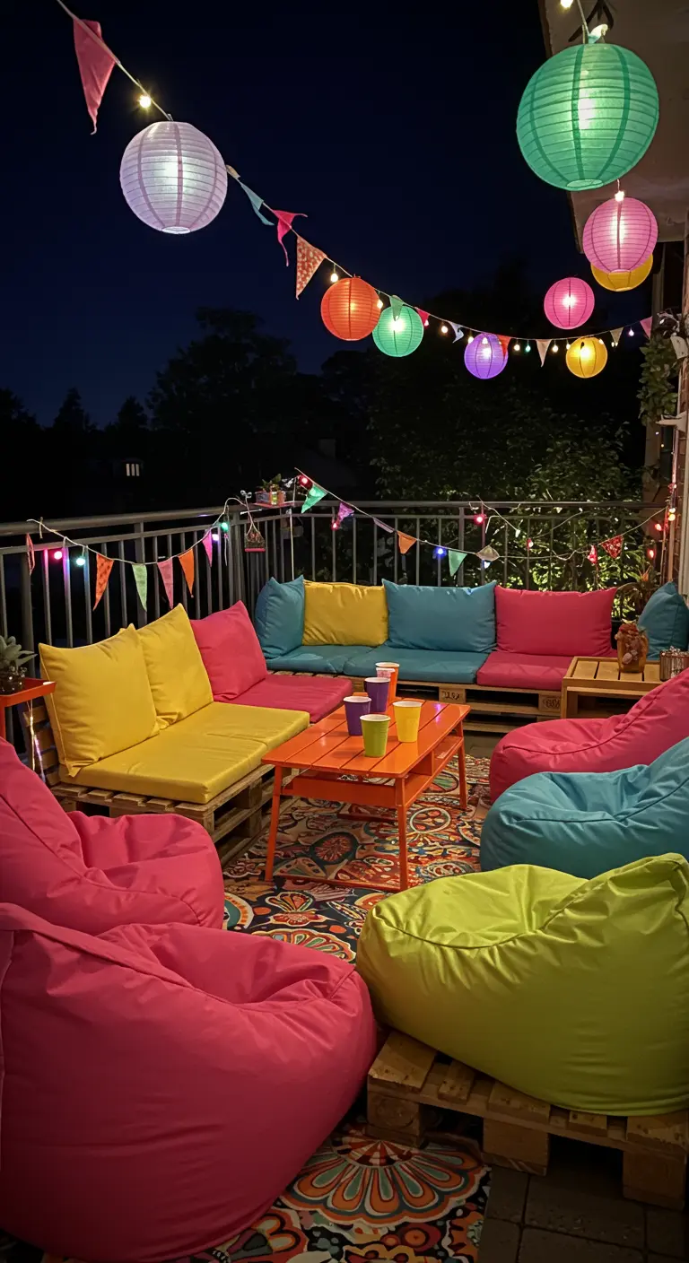 Balkon met zelfgemaakte palletbanken, veel kleurrijke kussens, zitzakken, lampionnen en feestverlichting.