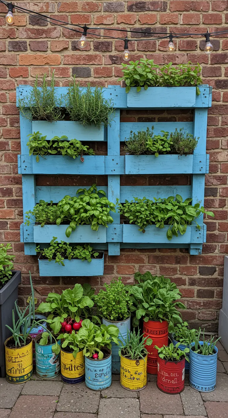Blauwgeverfde pallet als verticale moestuin tegen een bakstenen muur, met planten in blikken.