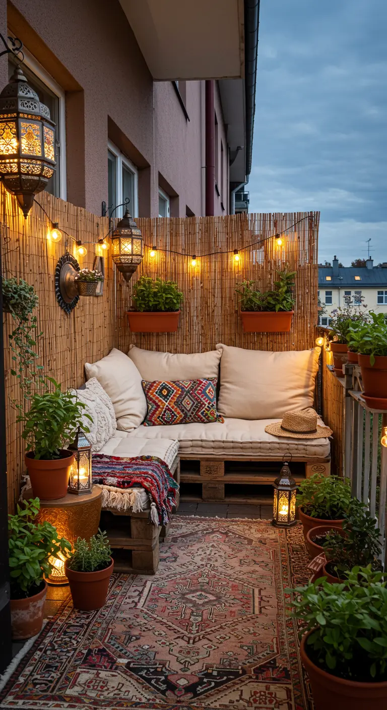 Knus balkon met palletbank, kussens, lichtslingers, lantaarns, planten en Perzisch tapijt.