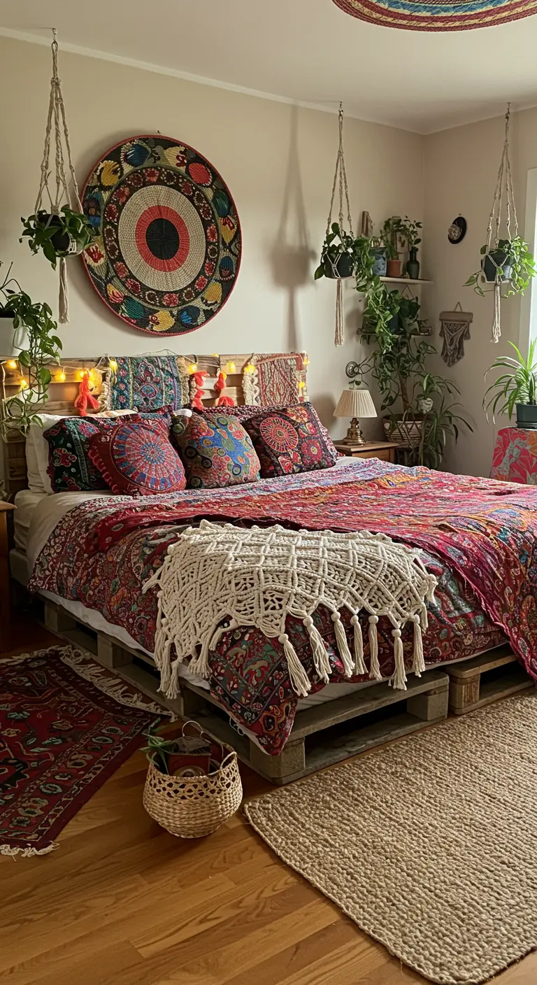 Bohemian palletbed met veel kleurrijke kussens, wandkleed en hangplanten.