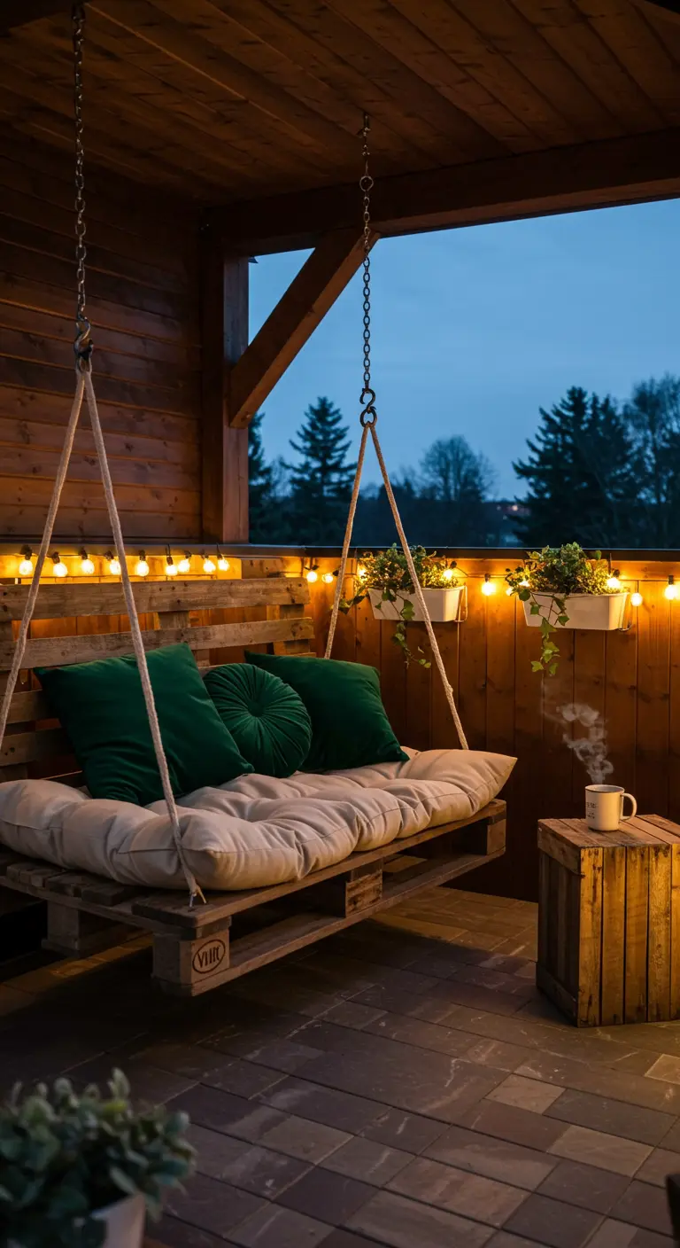 DIY pallet hangbank op balkon met groene kussens en lichtsnoer 's avonds.
