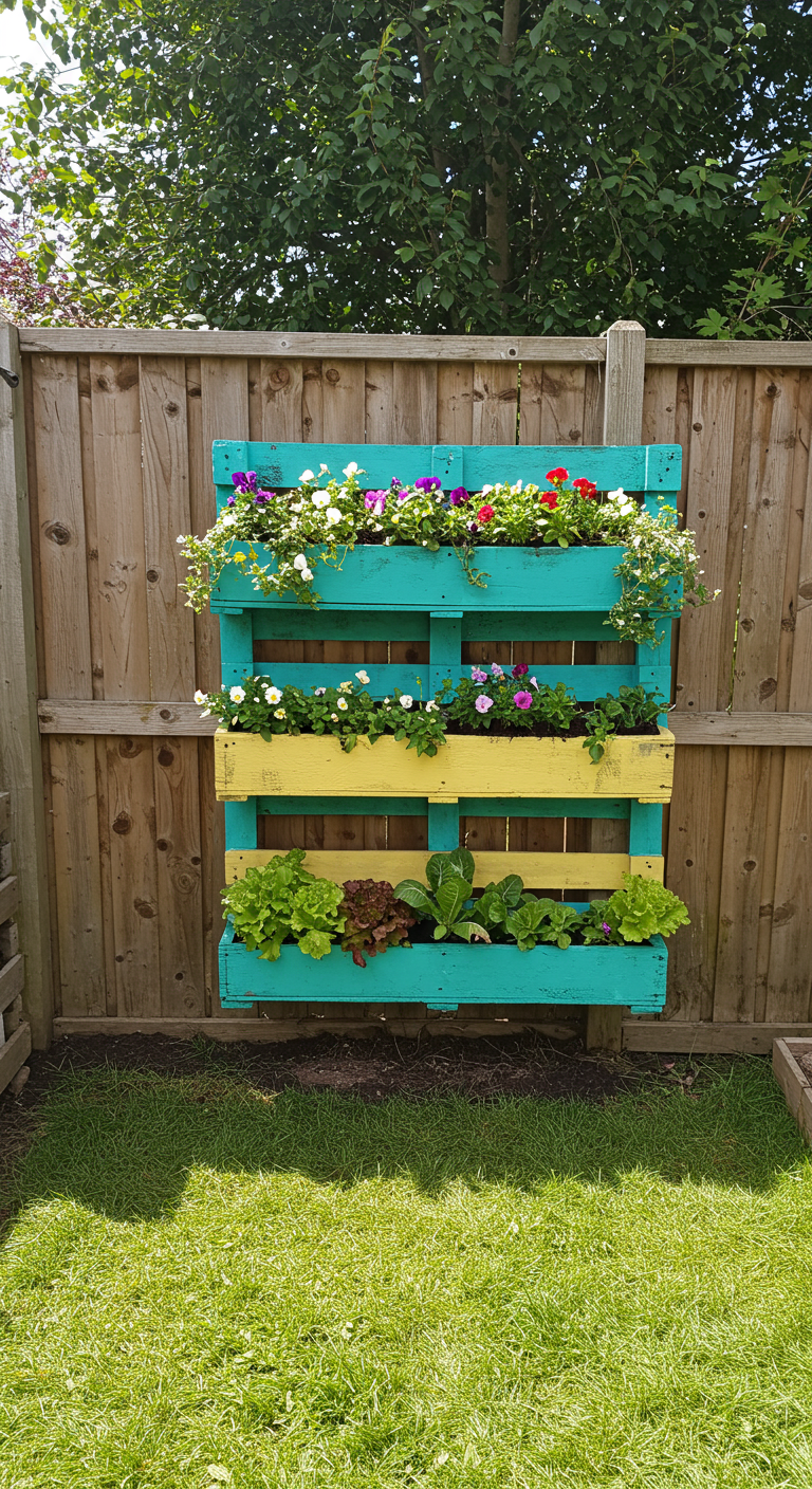 Gekleurde houten pallet aan schutting, gebruikt als verticale plantenbak voor bloemen en sla.