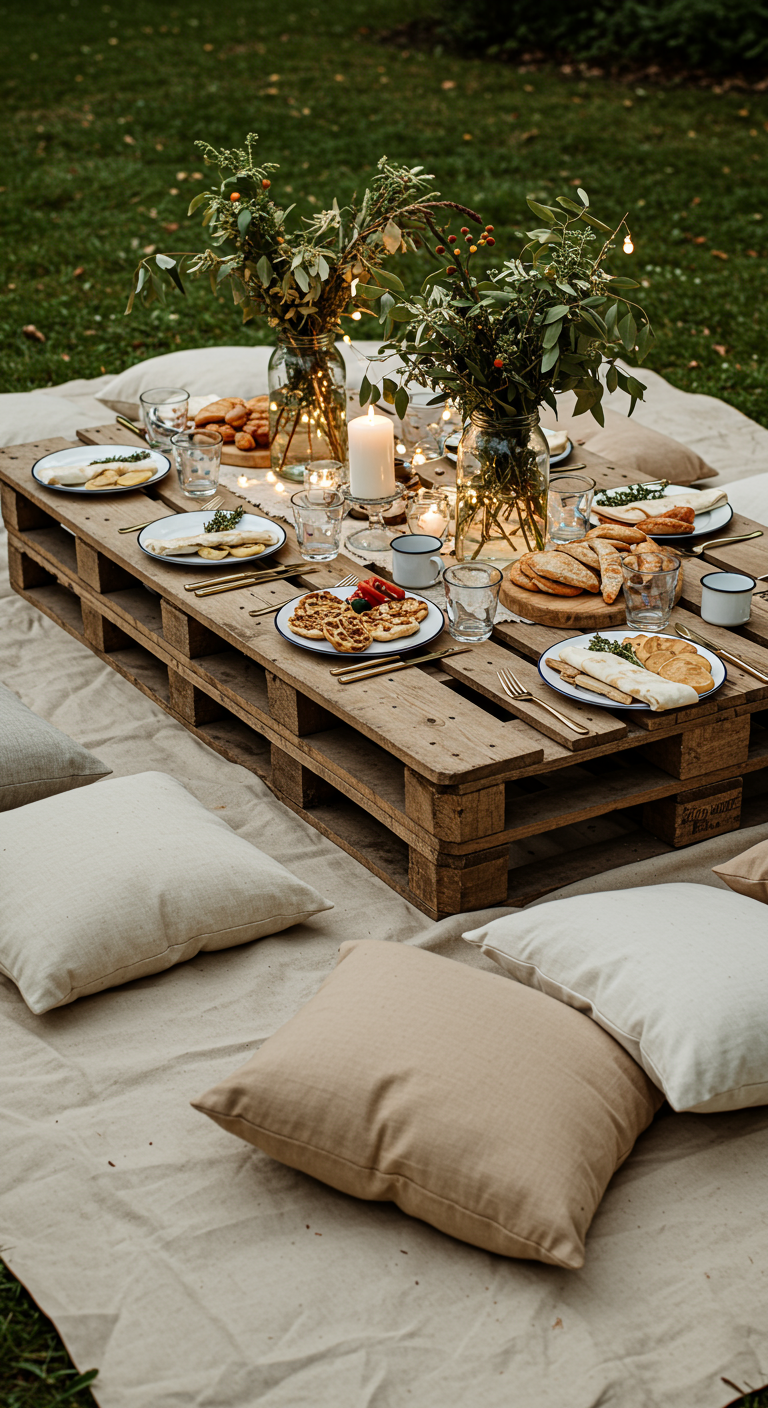Tuintafel gemaakt van pallets, omringd door kussens, met borden en bloemen.