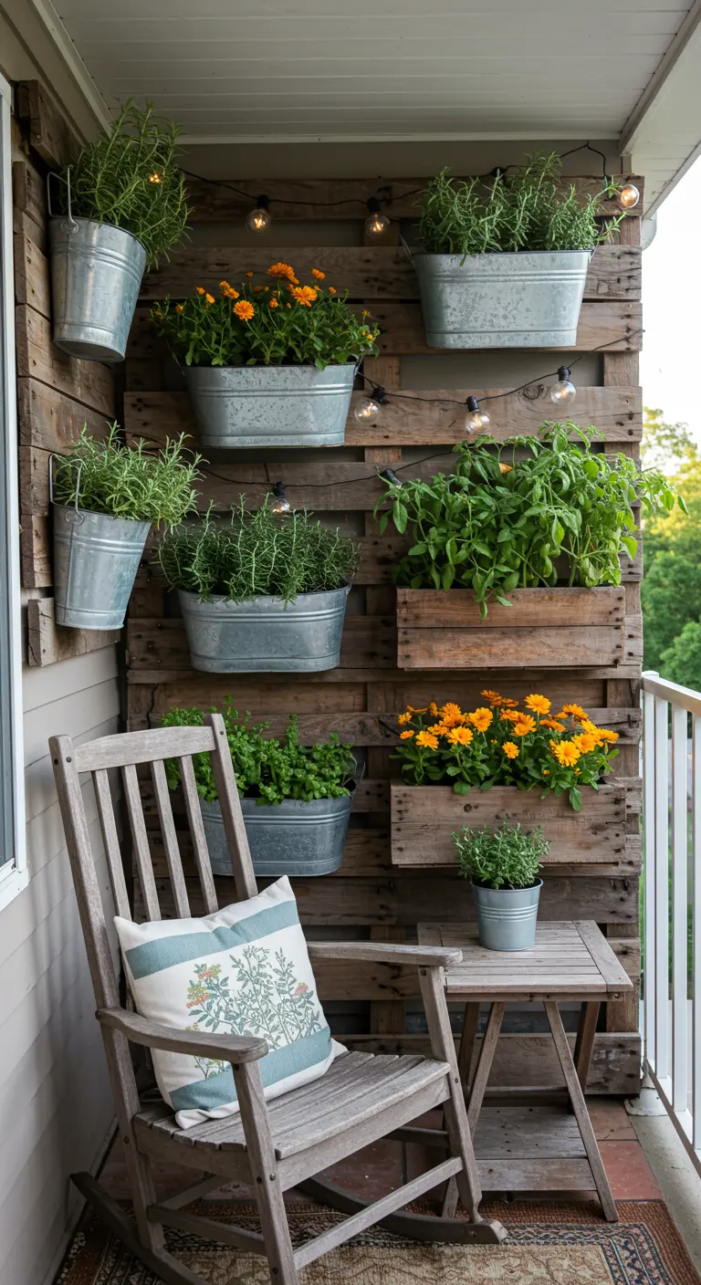 Houten pallet als plantenwand met zinken emmers en houten bakken vol kruiden en bloemen.