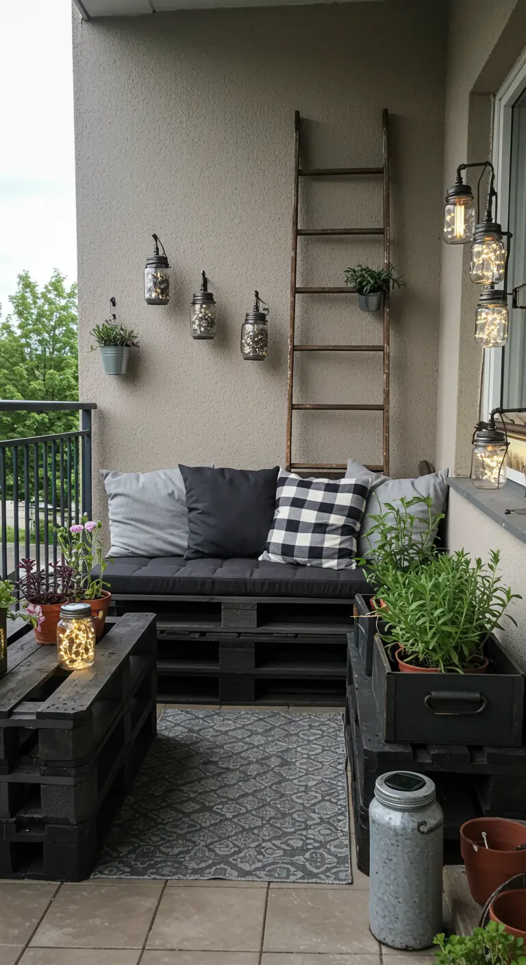 Balkon met zwart geverfde palletbank, ladder en lantaarns met lichtjes.