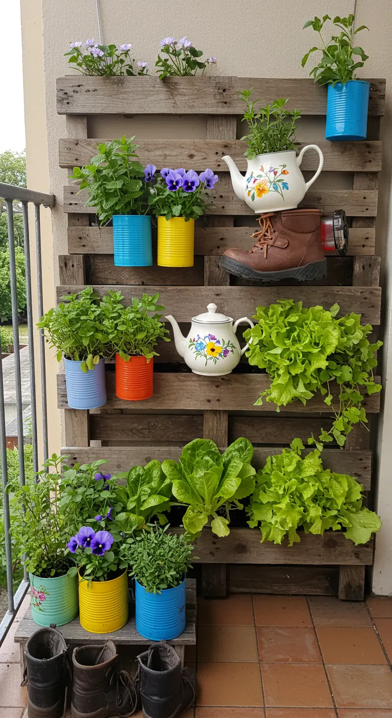 Houten pallet omgetoverd tot verticale tuin met kruiden, viooltjes en sla in blikken en theepotten.