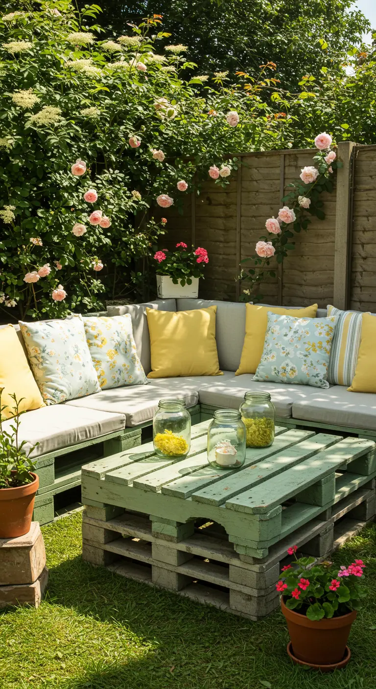 Zelfgemaakte palletbank met pastelkleurige kussens in een groene tuin.