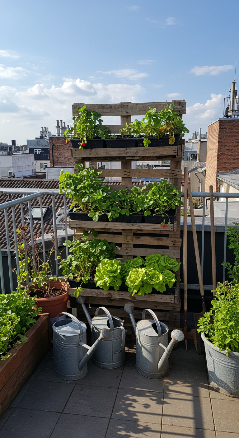Houten pallet omgebouwd tot verticale plantenbak voor kruiden en groenten.
