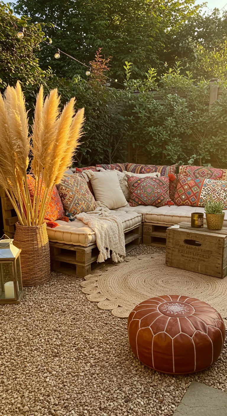 DIY palletbank met kleurrijke kussens en pampasgras in boho tuin.