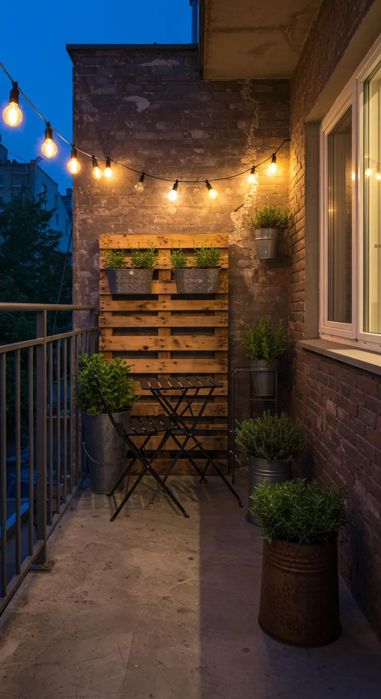 Industrieel balkon met houten pallet als plantenwand, metalen emmers en lichtslinger bij schemering.