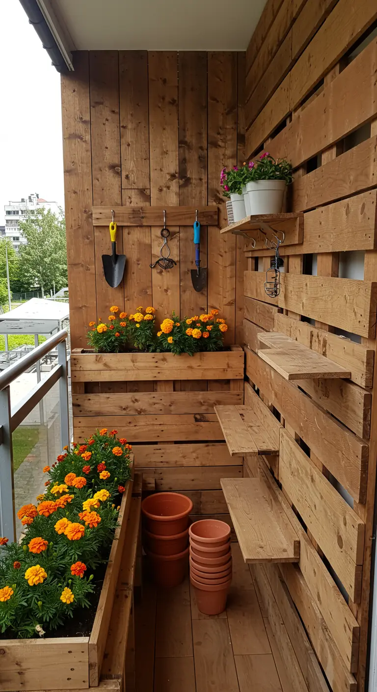 Balkonmuur van pallets met ingebouwde bloembakken en planken voor potten.