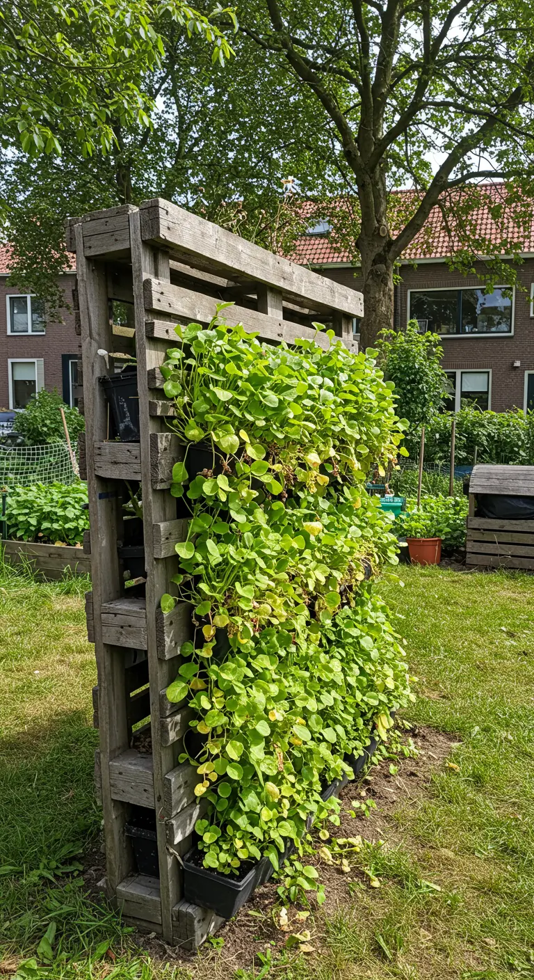 Houten pallet rechtopstaand in een tuin, gebruikt als verticale plantenbak vol groene plantjes.