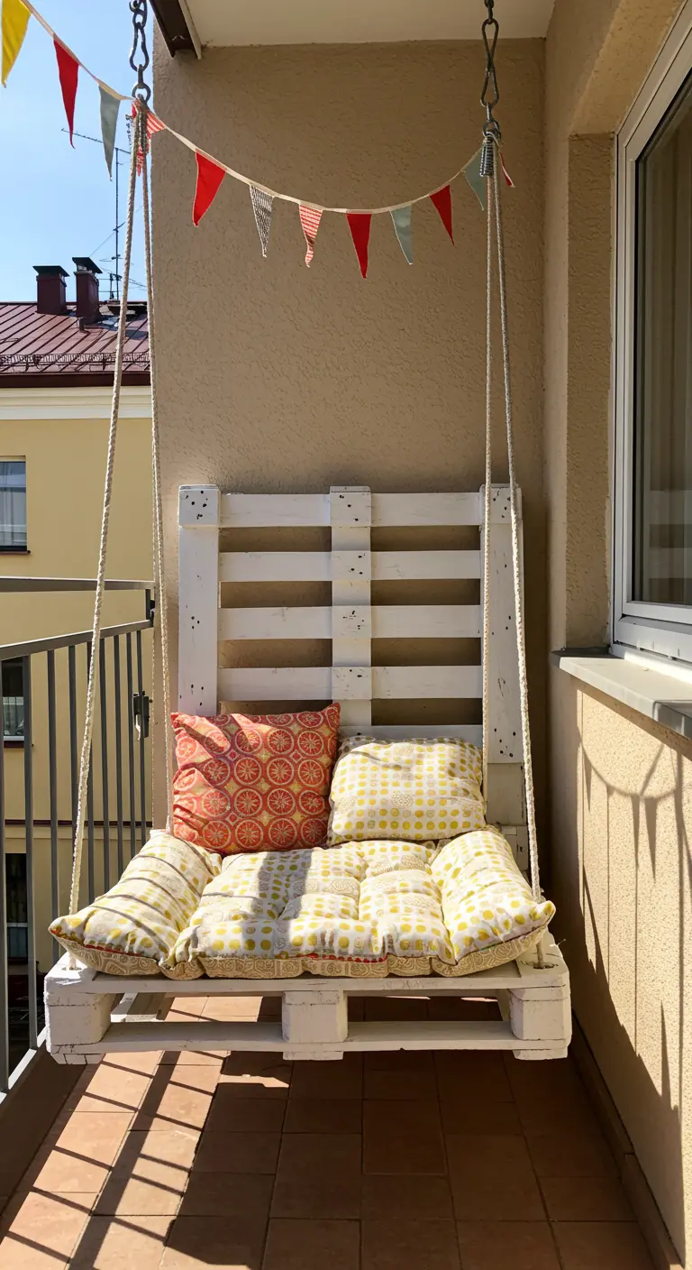 Witgeschilderde pallet hangbank met kleurrijke kussens en vlaggenlijn op zonnig balkon.