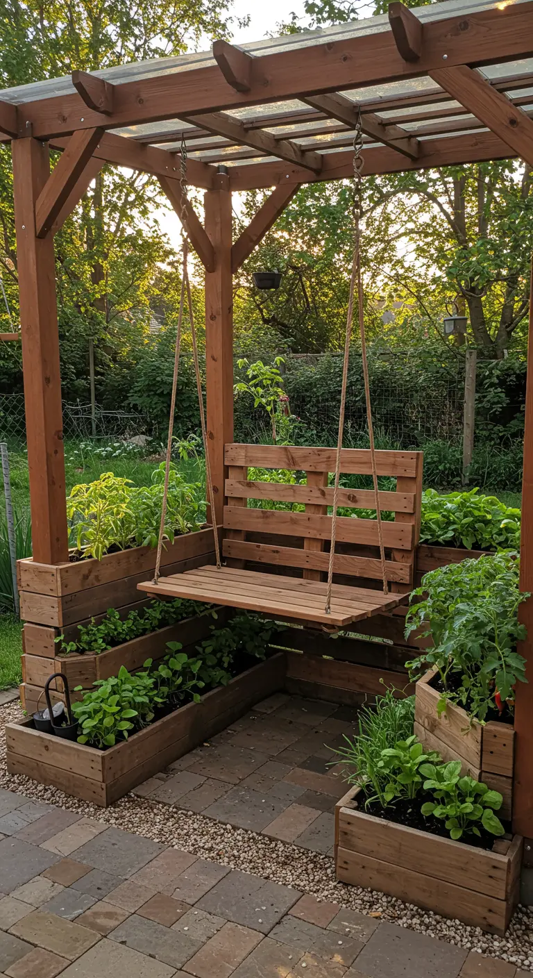 Houten schommelbank van pallet onder pergola, omringd door houten moestuinbakken.