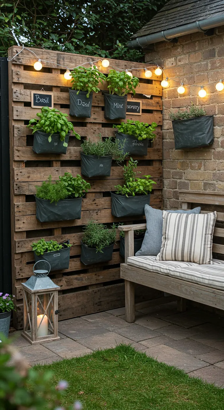 Pallet omgetoverd tot verticale kruidentuin met hangende plantenzakken en lichtsnoer.