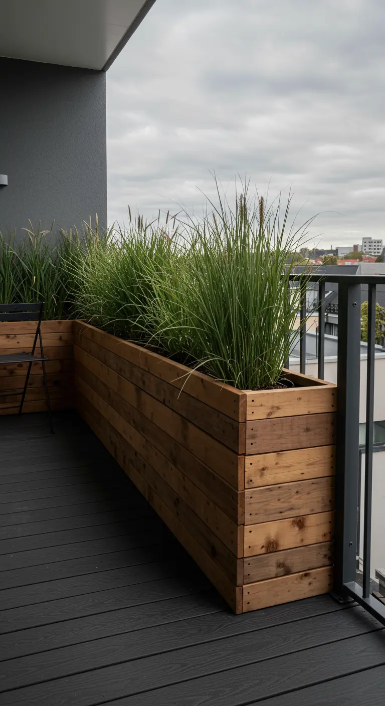 Lange houten plantenbak gemaakt van gerecycled hout op een balkon met siergrassen.