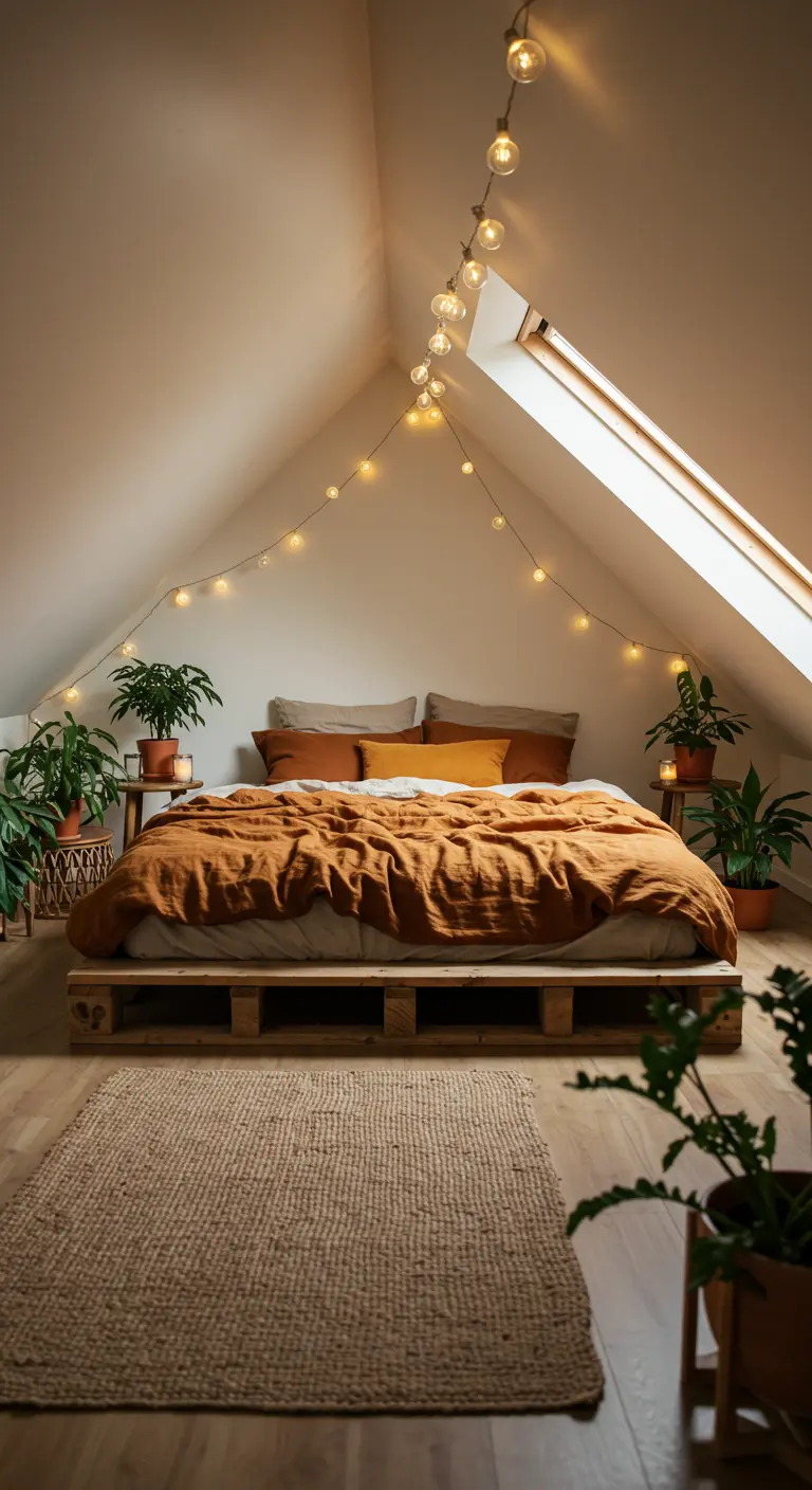 Slaapkamer met palletbed, oranje beddengoed, planten, lichtslingers en jute tapijt.