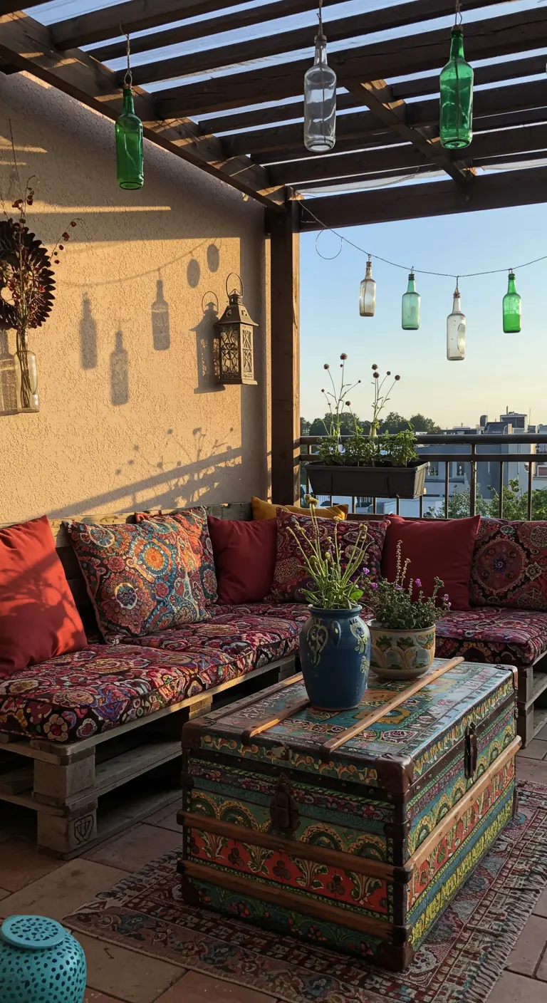 Boho-stijl balkon met palletbank, kleurrijke kussens en opgehangen flessen met licht.