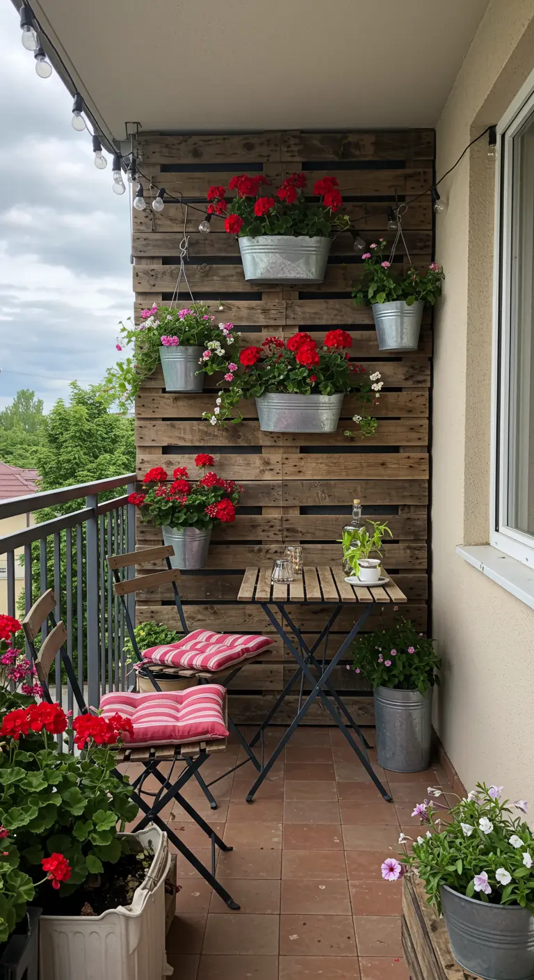 Balkon met houten palletwand met hangende bloembakken vol rode geraniums en een bistroset.