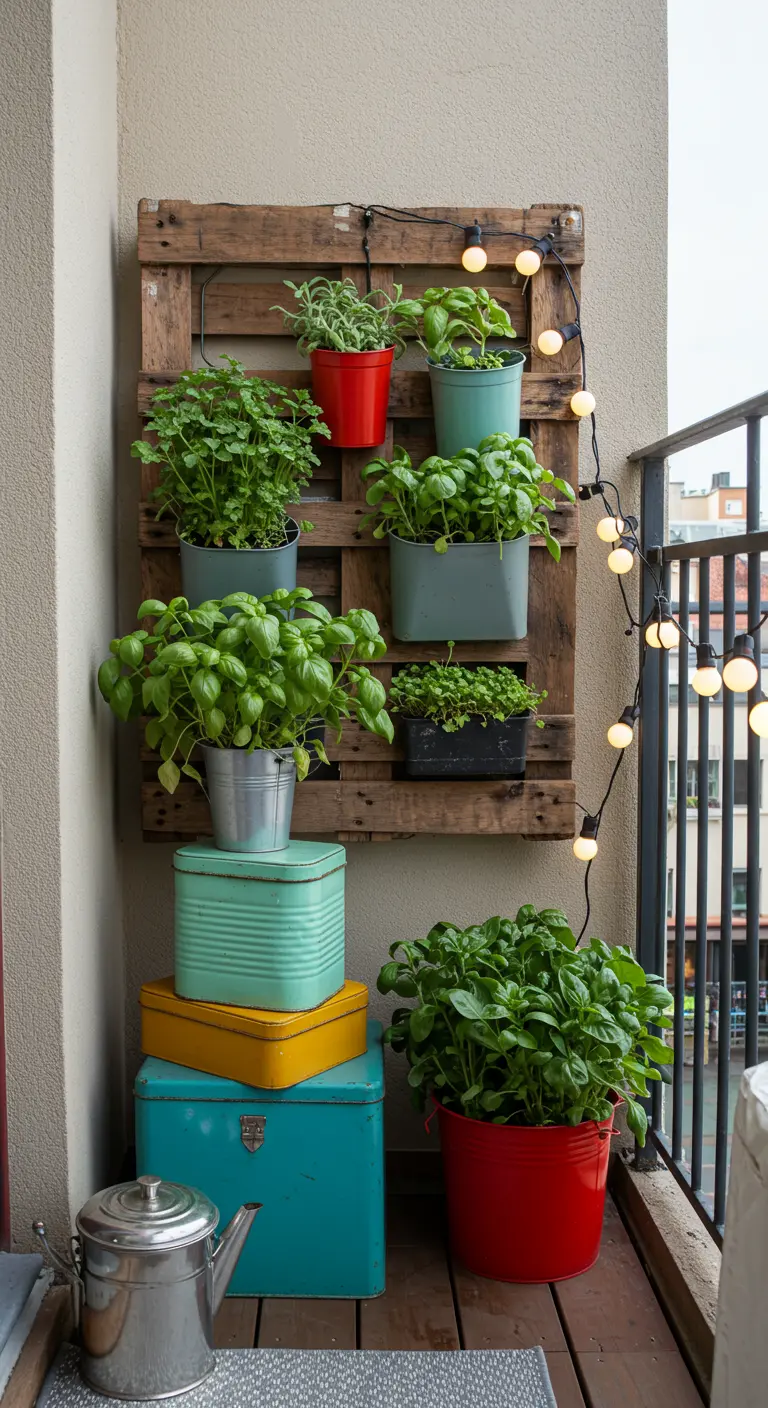 Houten pallet aan de muur met potten vol kruiden en kleurrijke metalen dozen.