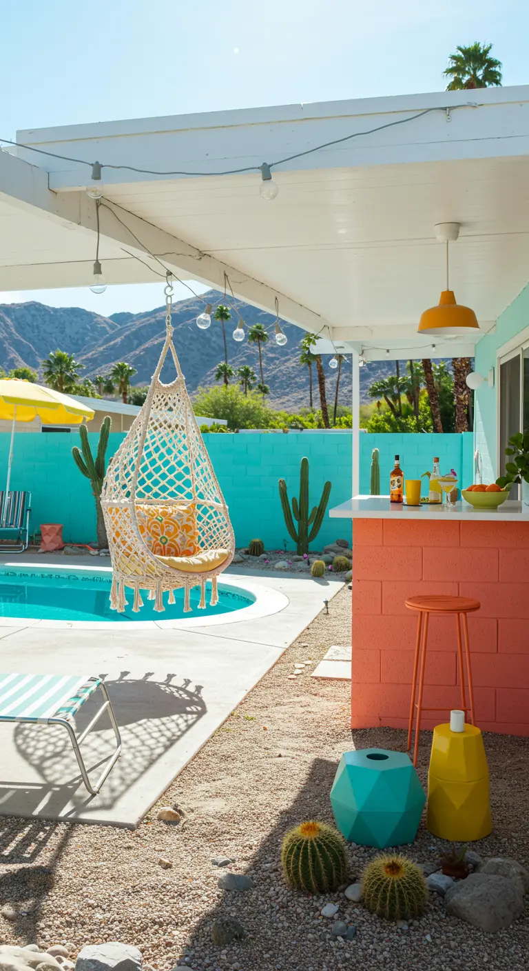Retro Palm Springs buitenbar bij zwembad met macramé hangstoel en kleurrijke accenten.