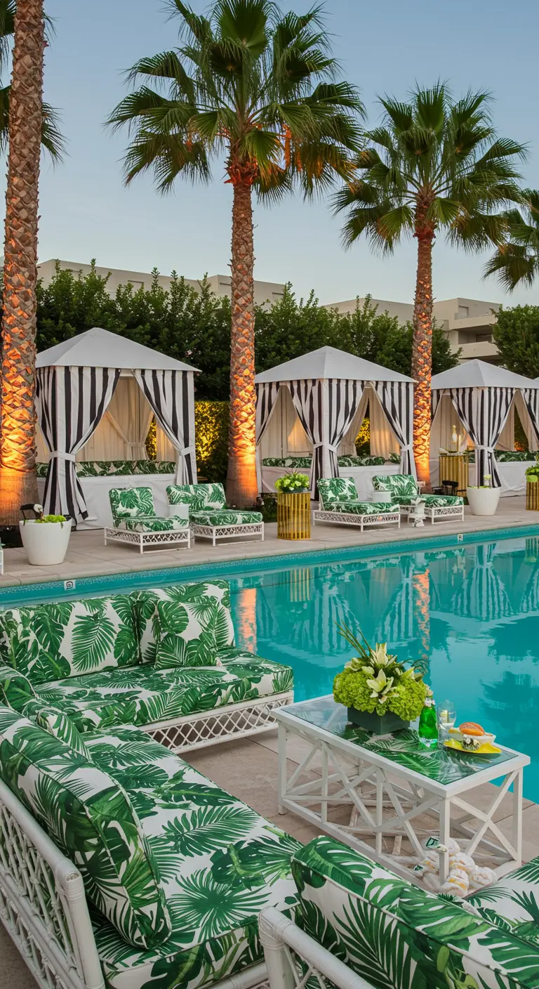 Luxe zwembad met loungebanken en cabana's met palmbladprint textiel.