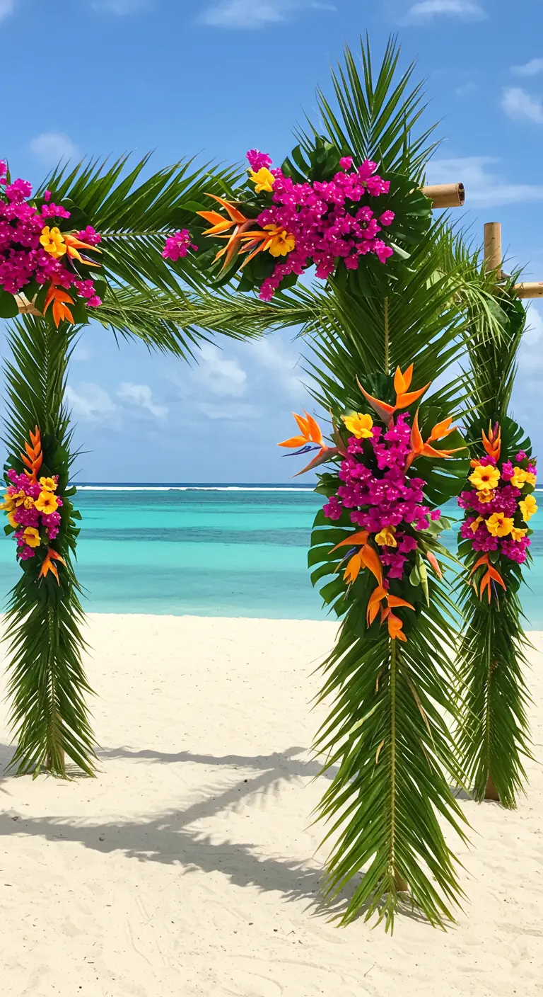 Bamboe trouwboog versierd met palmbladeren en felgekleurde tropische bloemen op het strand.