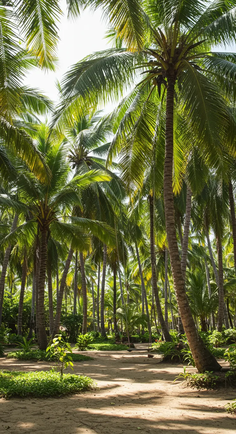 Houten schommel tussen twee palmbomen in een dicht palmbos met zandgrond.