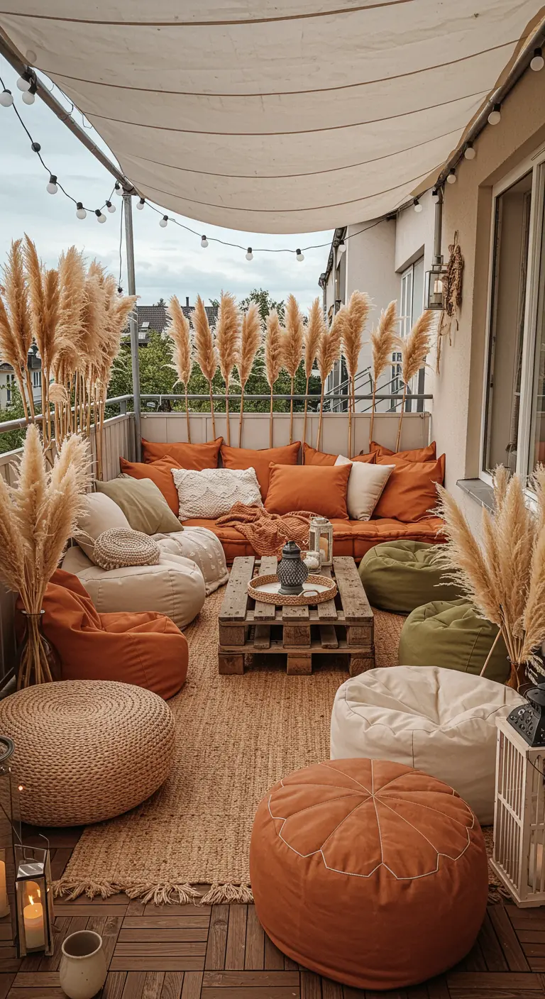 Bohemian balkon met lage loungehoek van pallets, zitzakken, pampasgras en lichtslingers.
