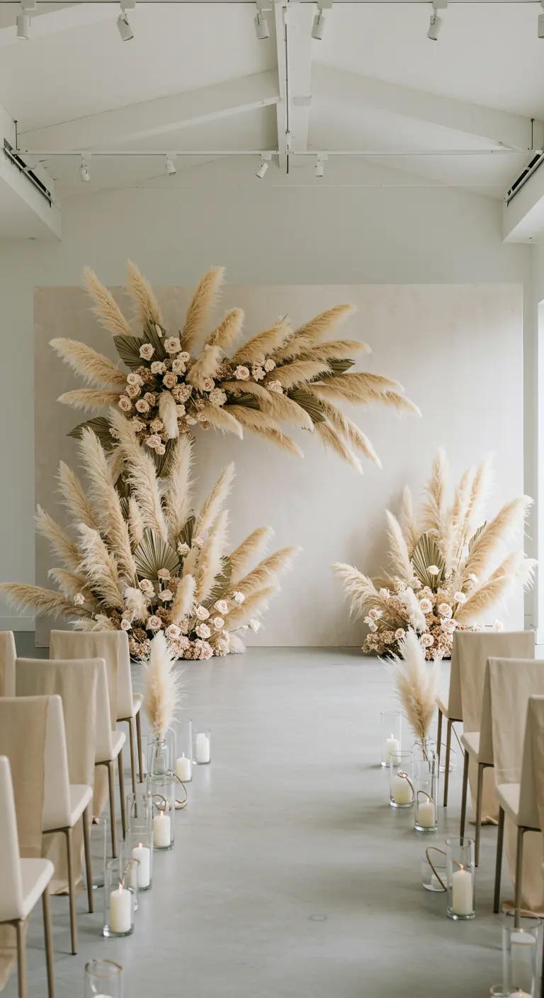 Minimalistische ceremoniebackdrop met grote arrangementen van pampasgras en kaarsen.