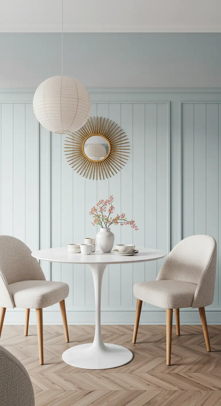 Elegante eethoek met ronde witte tafel, lichtblauwe paneelwanden, zonnestralen spiegel en papieren hanglamp.