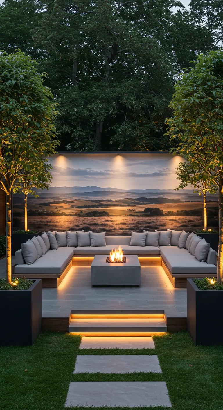 Grote tuin met landschap buitenbehang, U-vormige loungebank, vuurplaats en sfeerverlichting.