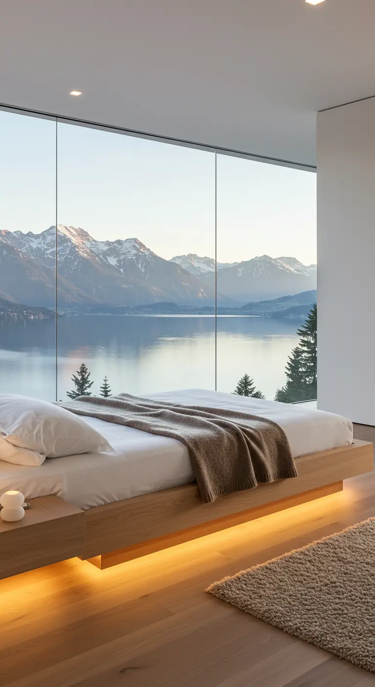 Minimalistische slaapkamer met een groot raam en panoramisch uitzicht op bergen en een meer.