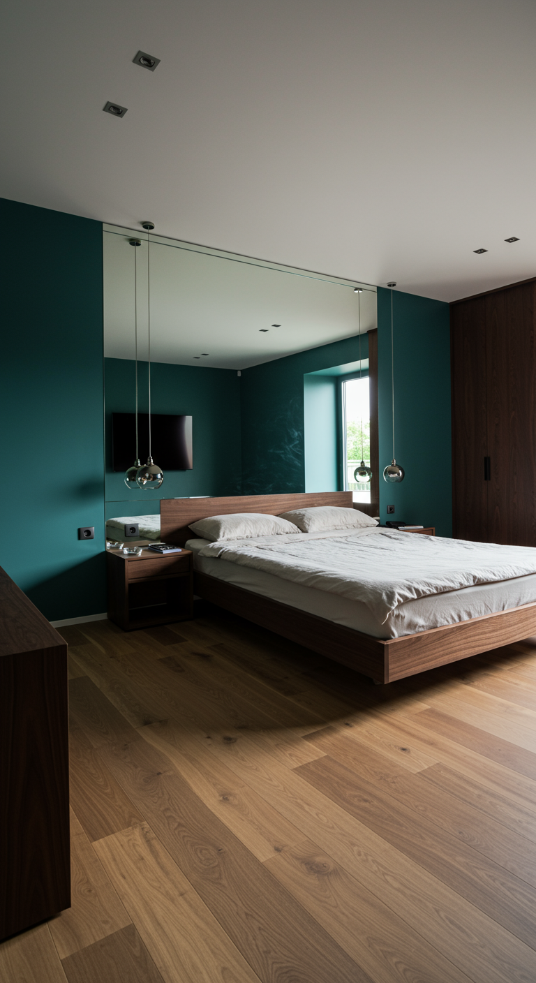 Brede, horizontale spiegel boven het bed in een moderne, donkergroene slaapkamer.
