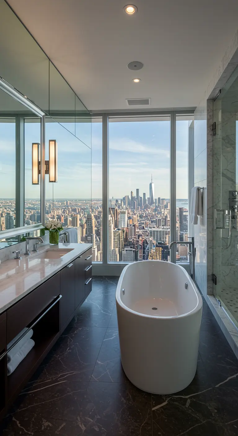 Luxe badkamer met vrijstaand bad en spiegels die stadszicht reflecteren.