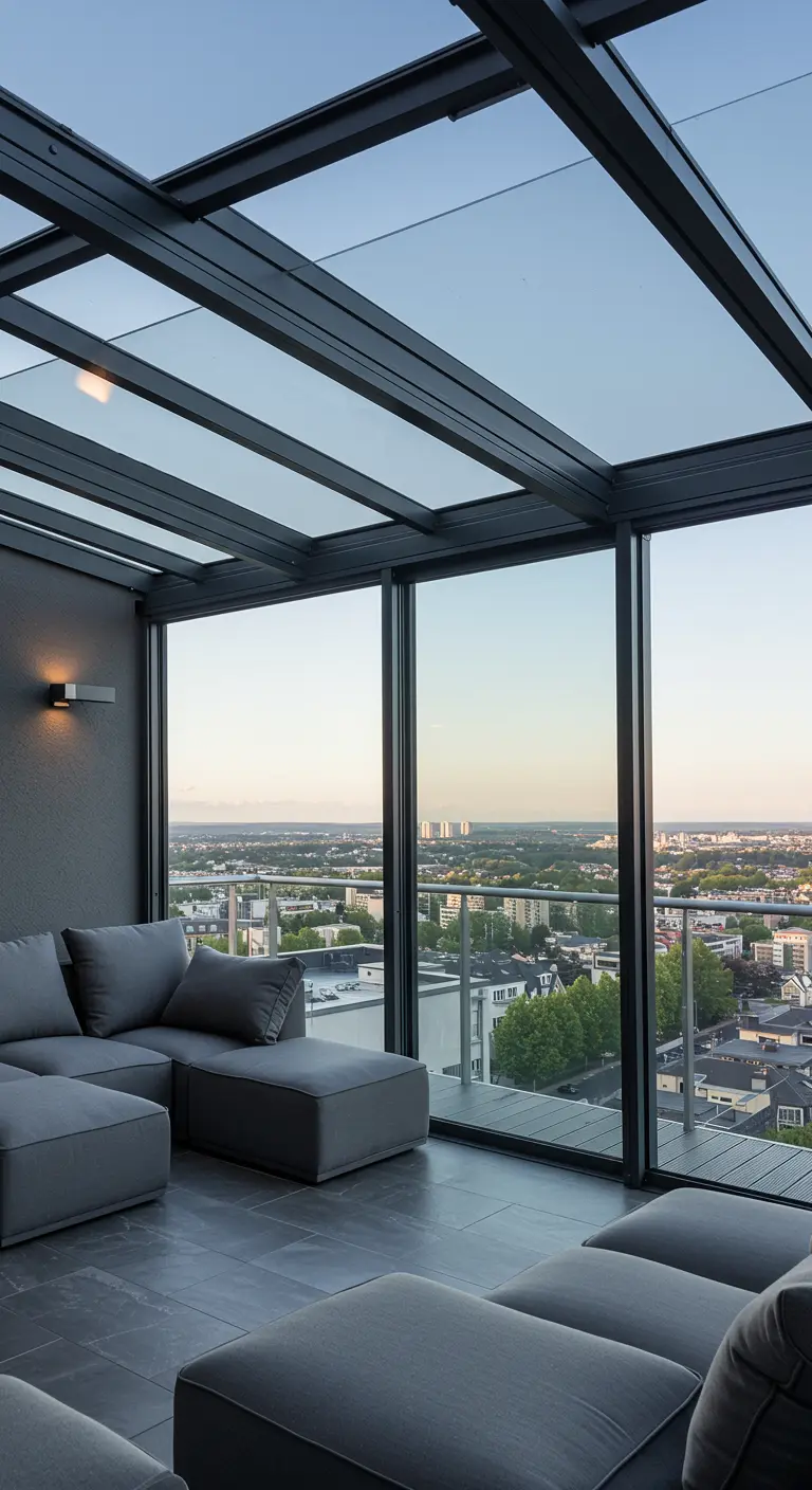 Ruime loungehoek op balkon met glazen dak en wanden, met uitzicht over de stad.