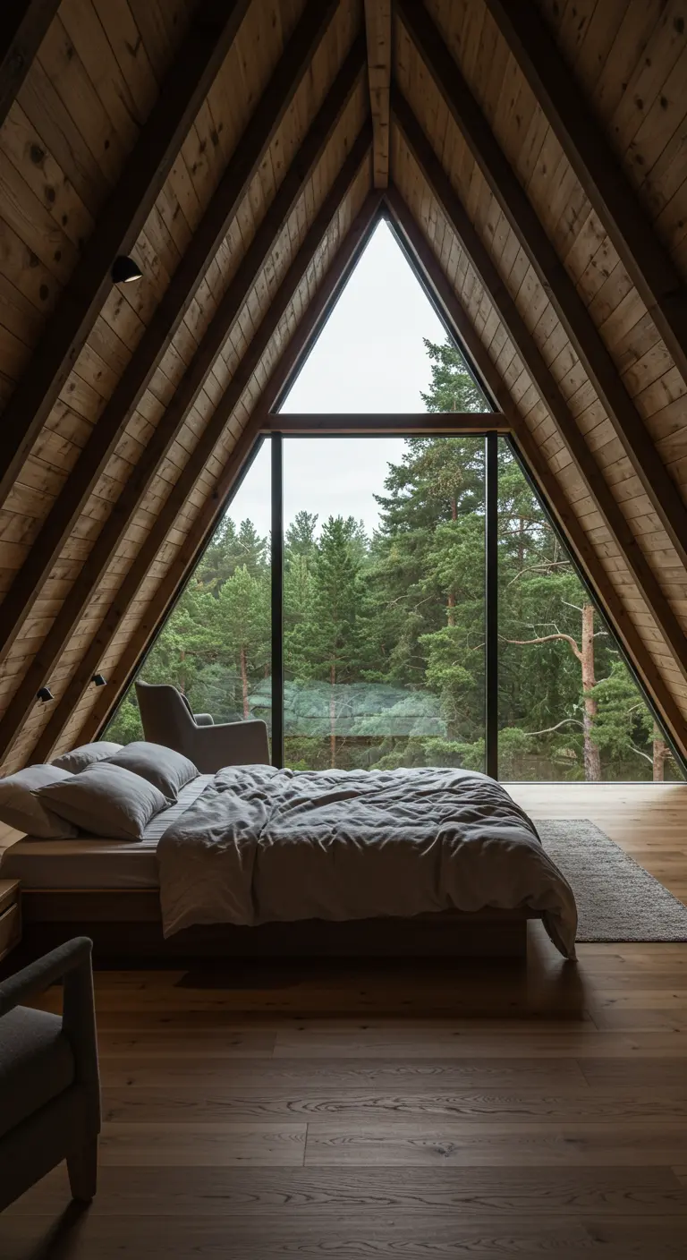 A-frame zolderslaapkamer met volledig glazen wand en uitzicht op bos.
