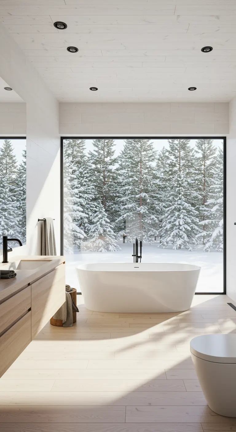 Badkamer met groot raam en uitzicht op besneeuwd bos, vrijstaand bad.