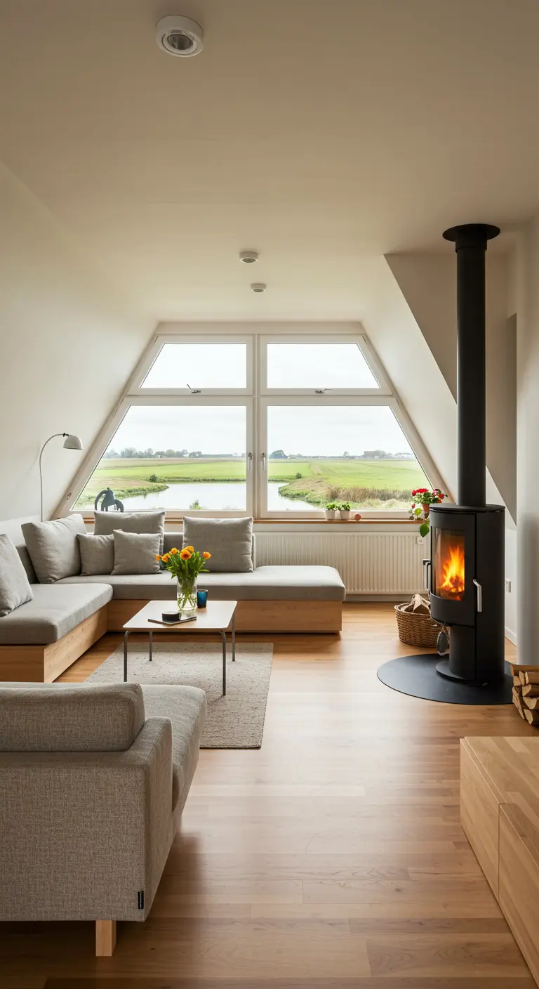 Zolderwoonkamer met groot A-frame raam, lichte modulaire bank en houtkachel.
