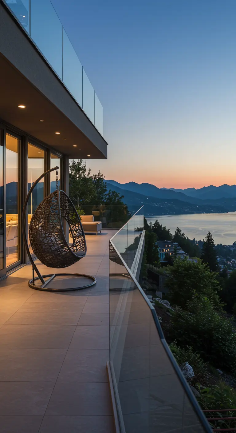 Moderne eivormige hangstoel op een ruim balkon met glazen balustrade en uitzicht op bergen en water bij schemering.