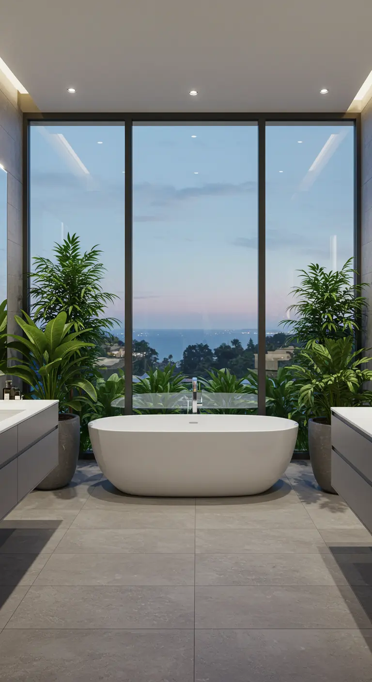 Luxe badkamer met groot raam, vrijstaand bad en veel tropische planten.