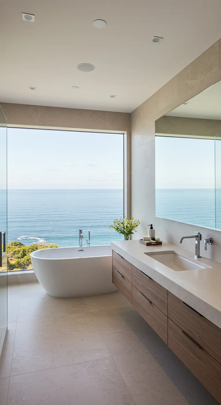 Moderne badkamer met panoramisch raam dat uitkijkt over de oceaan, vrijstaand bad.