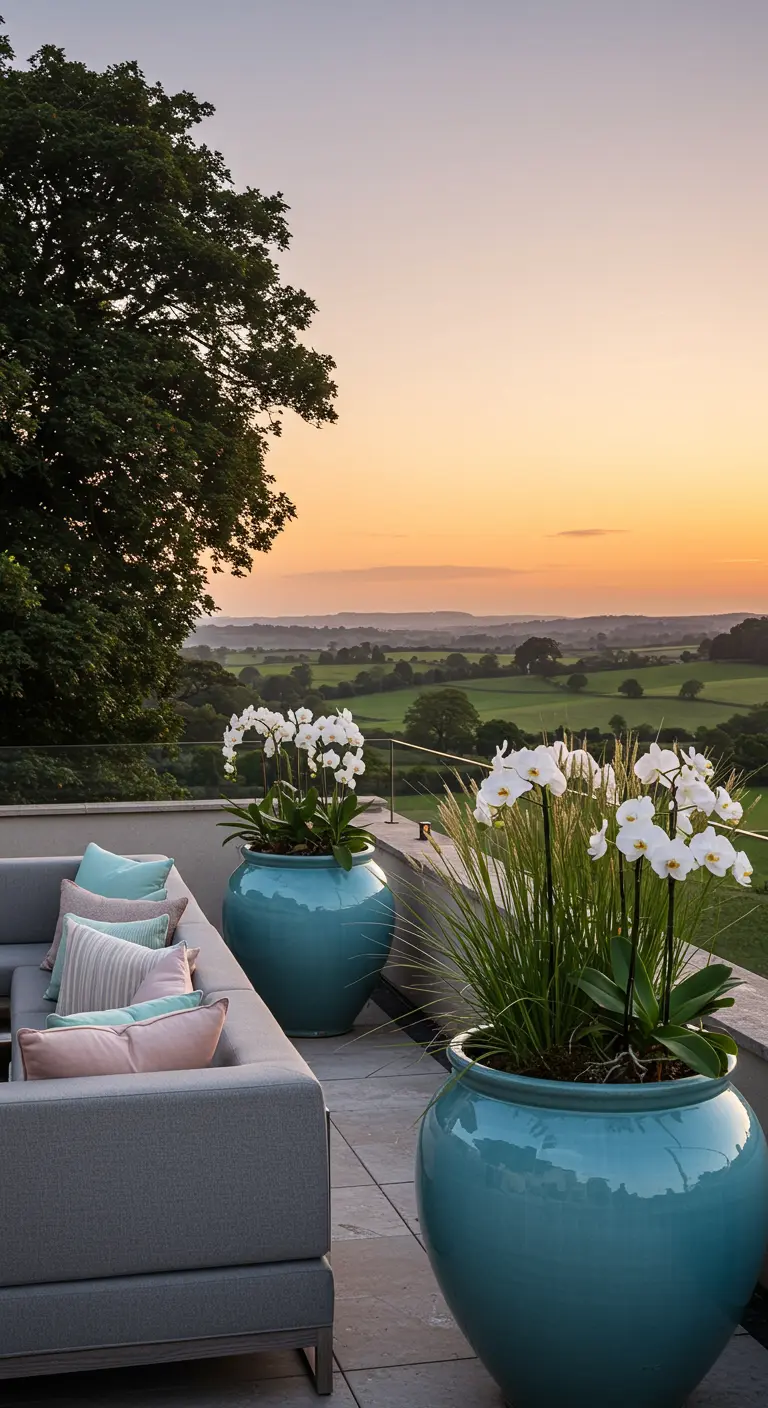Groot terras met uitzicht, grijze loungebank, pastel kussens, turquoise bloempotten met orchideeën.