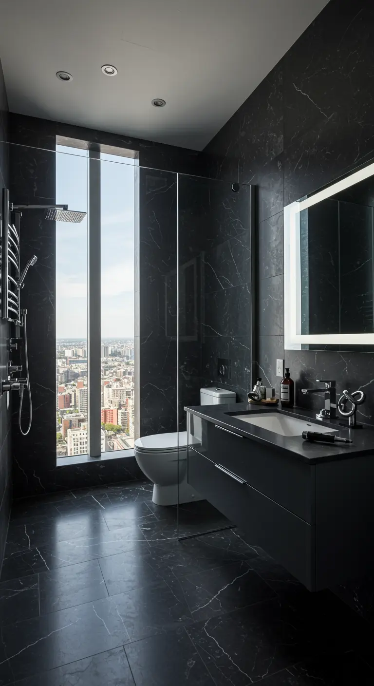 Moderne badkamer met donkere marmertegels en groot raam met stadszicht.