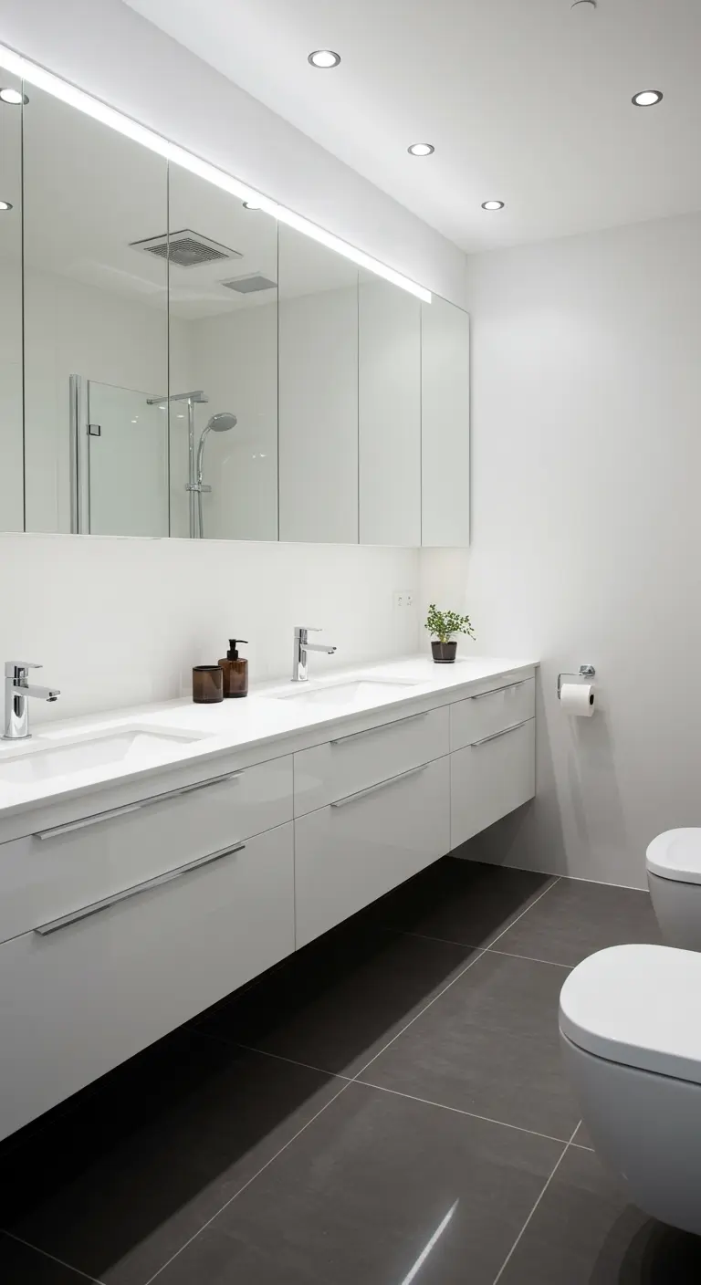 Brede, kamerhoge spiegelkast boven een dubbele wastafel in een moderne witte badkamer.