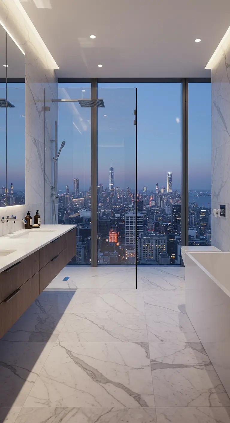 Moderne marmeren douche met kamerhoog raam en uitzicht op de skyline van een stad.