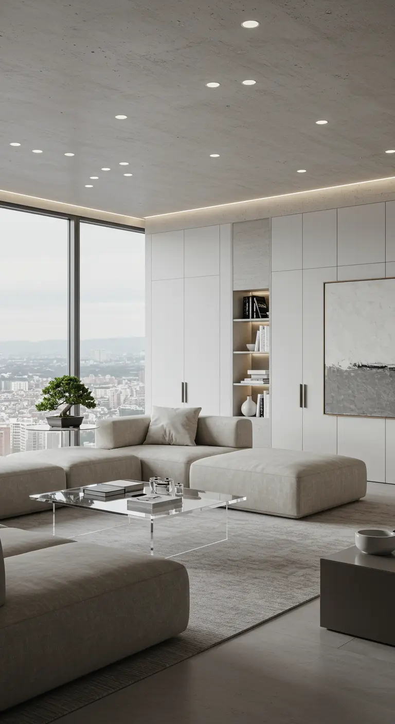 Minimalistische woonkamer met groot raam, grijze modulaire bank en glazen salontafel.