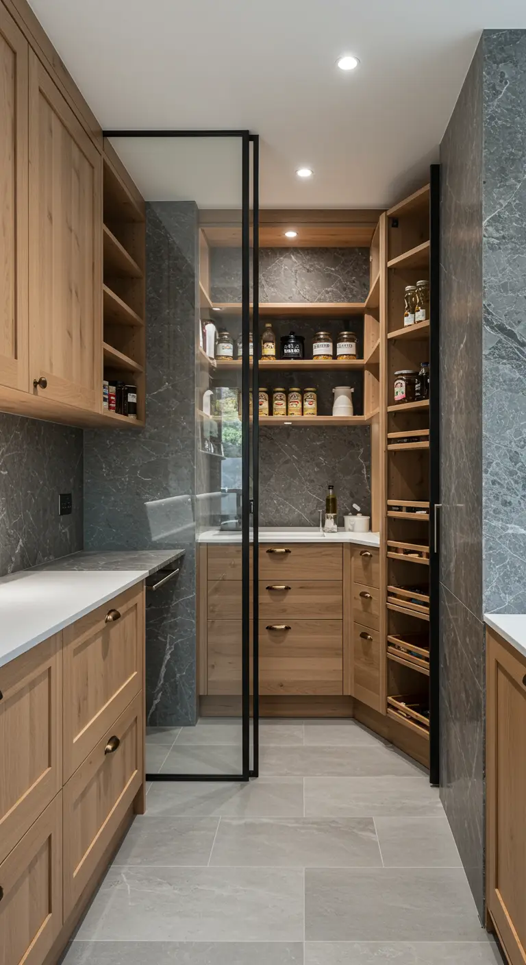 Stijlvolle pantry met grijs marmeren wanden, houten kasten en planken, en een glazen deur.