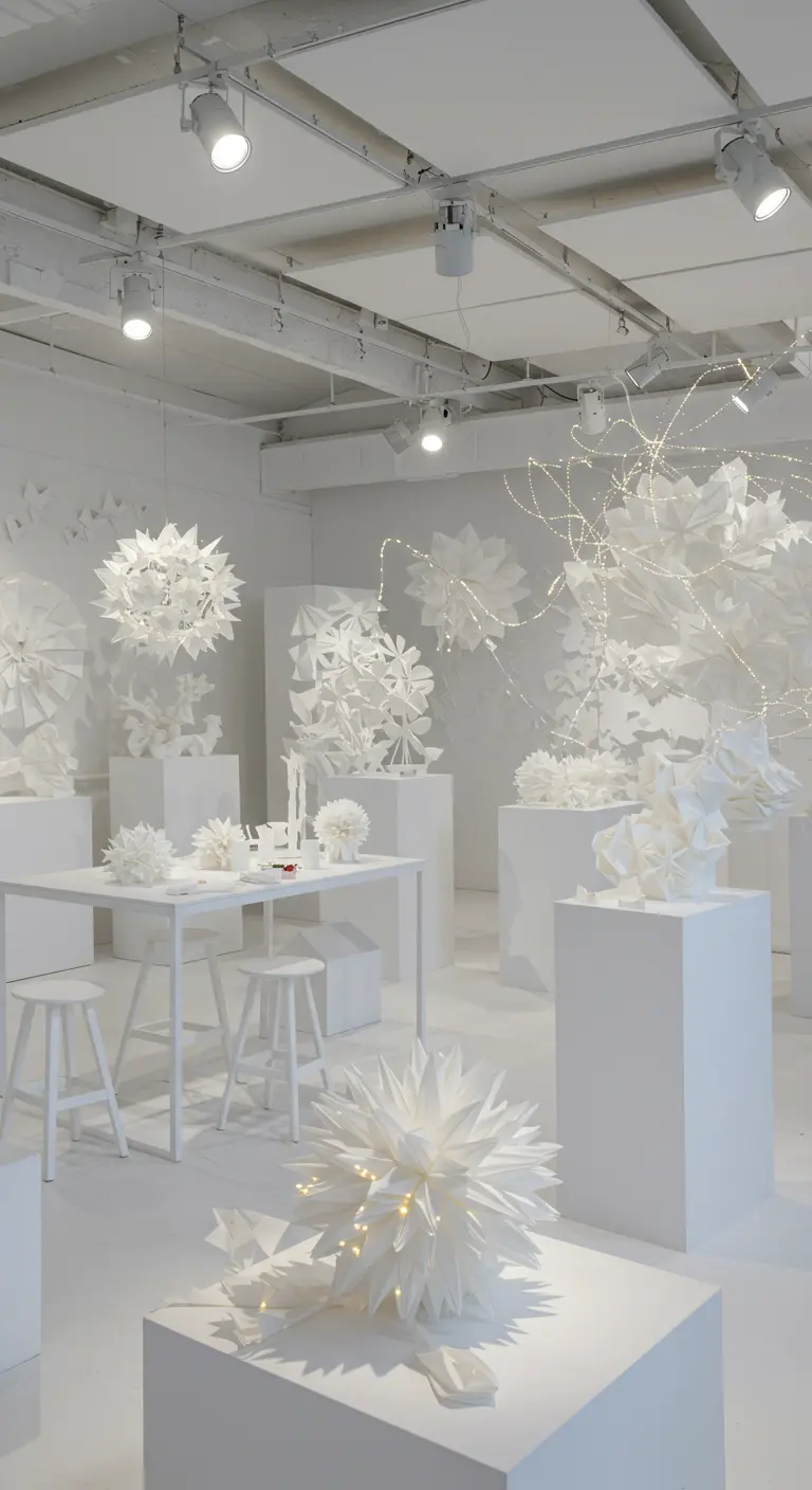 Witte ruimte met papieren kunstsculpturen op sokkels, verlicht met fairy lights.